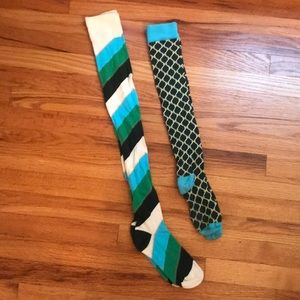 Green and blue thigh high socks